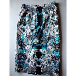 Halogen Floral Print Pencil Skirt Blue Black White Size 4 Knee Length